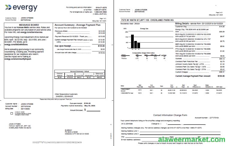USA Evergy utility bill template in Word and PDF formats, 2 pages, version 2